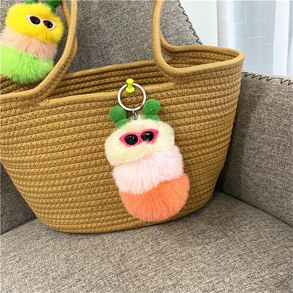 Cute Colorful Plush Caterpillars Keychain With Sunglasses Soft Rabbit Fur Animal Pompom Pendant With Key Rings For Women Handbag