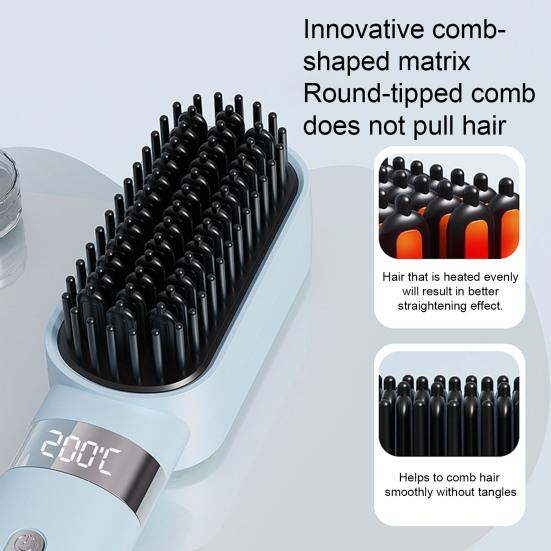 Беспроводная щетка-выпрямитель для волос 4 регулируемых температурных режима LED-дисплей Быстрый нагрев Портативная дорожная электрическая горячая щетка для укладки кудрявых волос