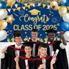 Congrats Class of 2025 Banner Blue Gold Graduation Decorations - Large 2025 Graduation Photo Backdrop, Navy Blue Congratulations Banner Grad Party