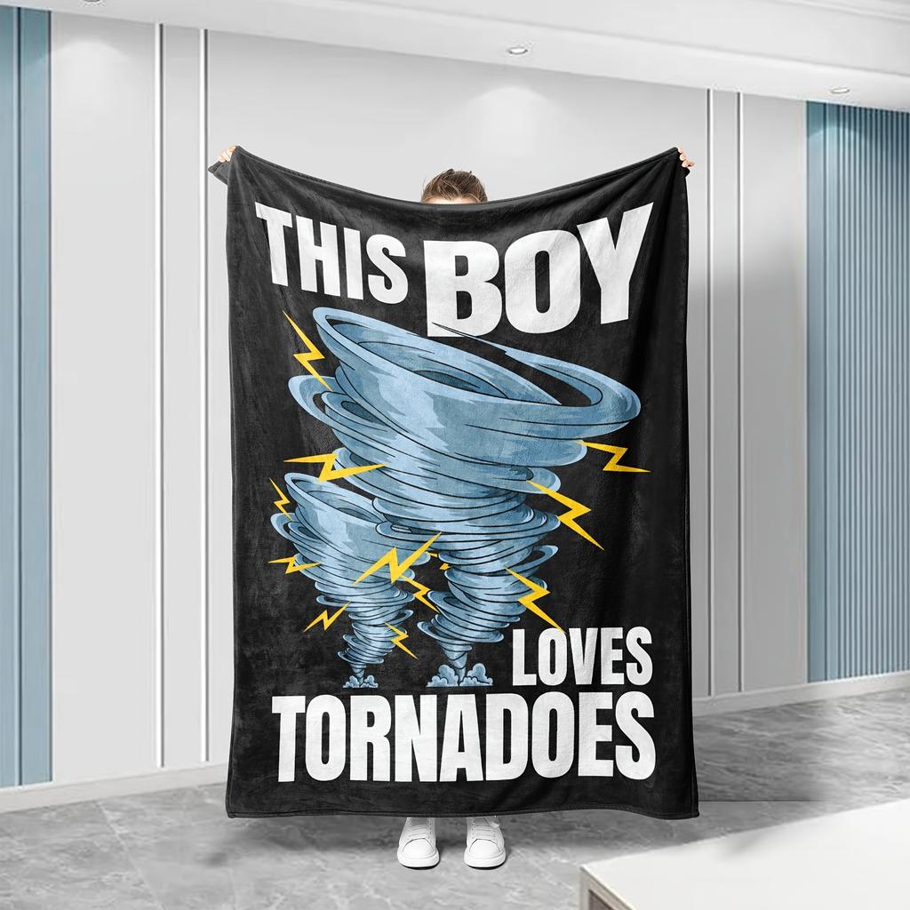 This Boy Loves Tornadoes" Black Flannel Throw Blanket - Stormy Turbo Design with Lightning Bolts & Cartoon Tornadoes, Modern Home Decor, Mac