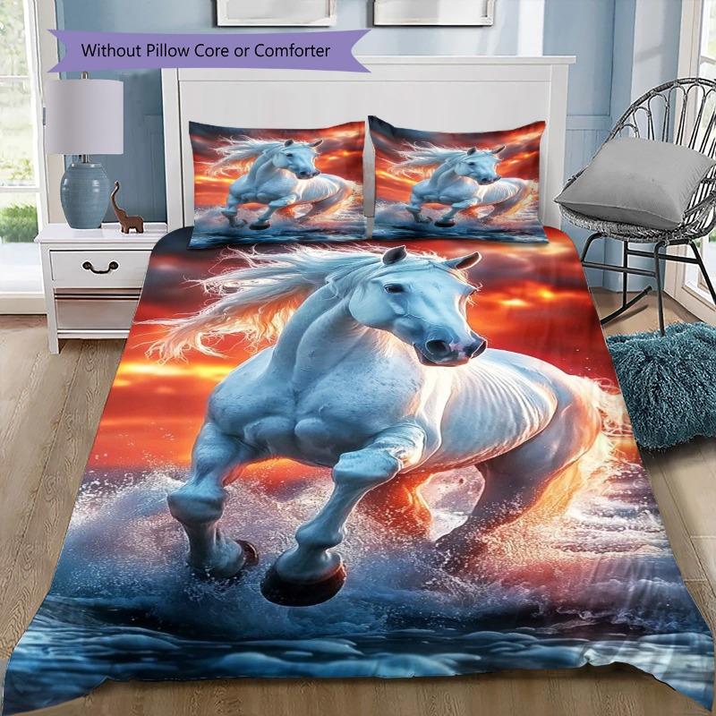 Purple Running Horse Sunset Snowfield Print Duvet Cover Set 3 Pieces Fantasy Animal Bedding Bedroom Home Decor Without Pillow Core Comforter