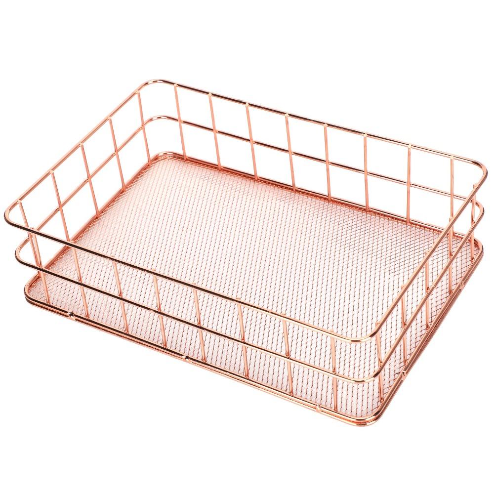 Rose Gold Desktop Organization Basket Iron Grid Wire Storage Organizer Home Office