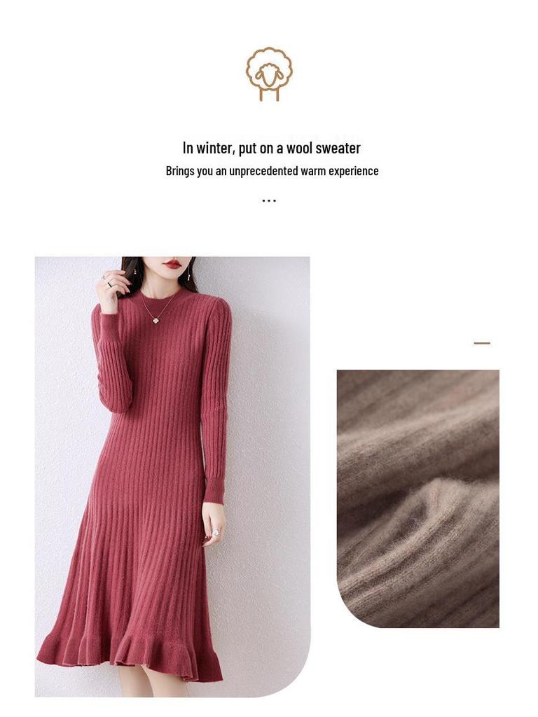 Женское очень длинное шерстяное платье - Приталенное, Круглый вырез, Осень/Зима