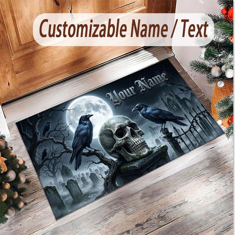Skull Gothic Theme Soft Crystal Velvet Rug Custom Name & Text Print Non Slip Floor Rug for Bedroom Living Room