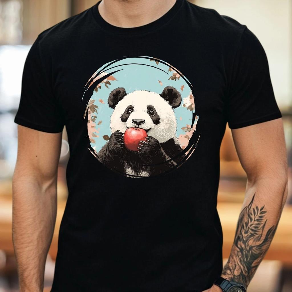 T-Shirt Herren Panda isst Apfel Motiv Baumwolle Größe S bis 5XL