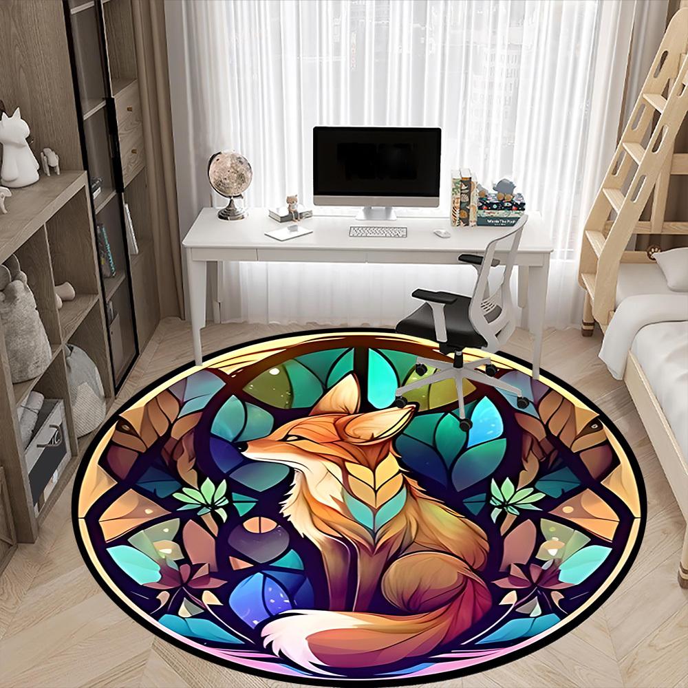 1pc Stained Glass Fox Office Round Area Rug, Indoor Mat Suitable ForOffice, Under Office Chairs Bedroom Living Room Home Decor, Room Deco D049