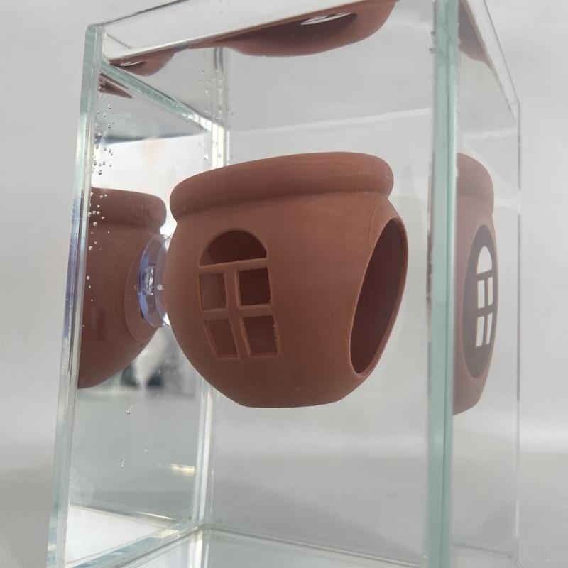 Укрытие для аквариумных рыбок с креплением на присоске, Коричневое 3D-печатное место для отдыха для размещения на стенке, Боковой доступ, и Декоративное жилище для домашних рыбок