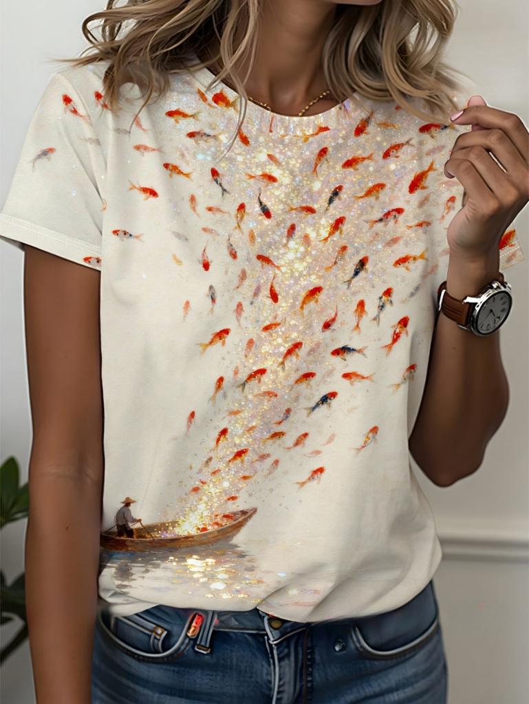Women's Short Sleeve T-Shirts Summer Colorful Fish Graphics 3D Print T-Shirt Fashion Casual Harajuku Y2k Tops Women's Clothing
