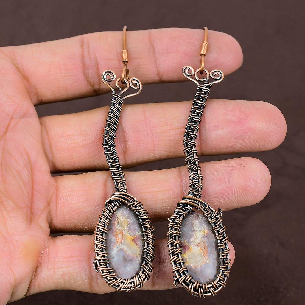 Laguna Lace Agate Handmade Copper Wire Wrap Jewelry Earring 3.86 t1F63
