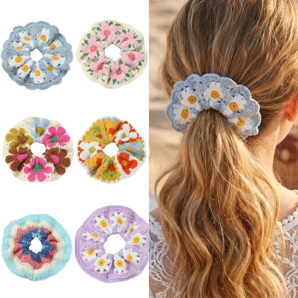 Elastic Crocheted Flower Scrunchies Flores Sweet Hair Tie Exquisite Knitted Hair Rope  Girls