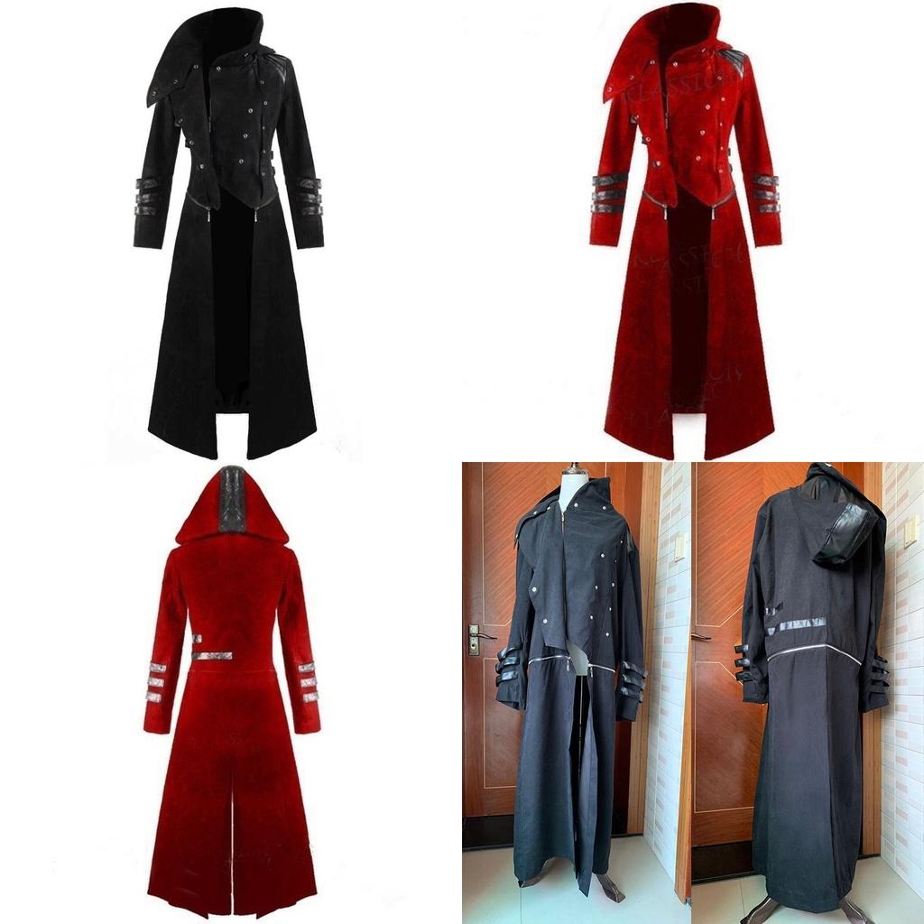 Элегантное мужское длинное готическое стимпанк-тренч-пальто с капюшоном и дизайном в стиле корсета
