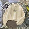Women Stand Neck Fleece Cropped Hoodies Autumn Letter Embroidery Long Sleeve Drawstring Sweatshirt Elegant Plush Velvet