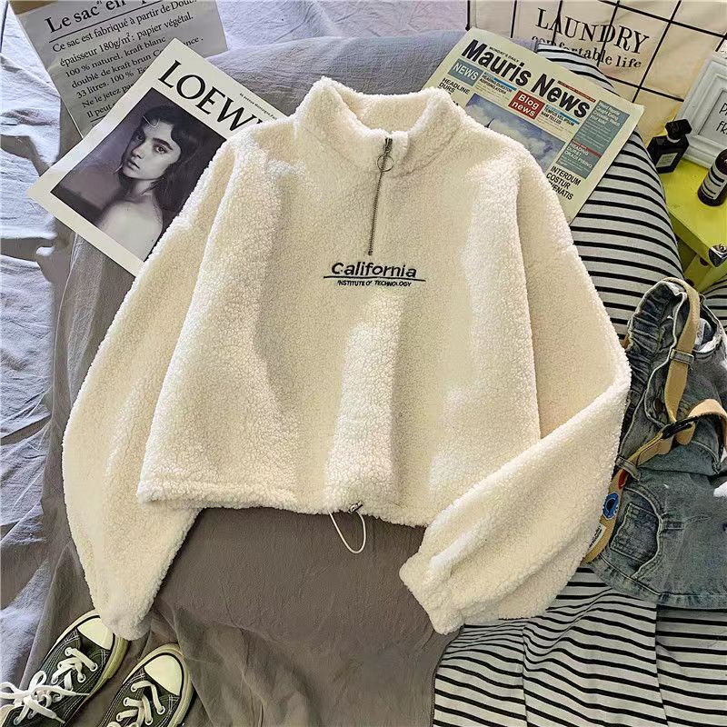 Women Stand Neck Fleece Cropped Hoodies Autumn Letter Embroidery Long Sleeve Drawstring Sweatshirt Elegant Plush Velvet