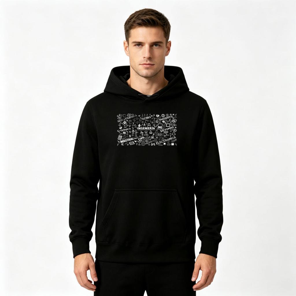 Men's Pullover Hoodie, Engineering Themed Pattern Print Casual Long Sleeve Hooded Sweatshirt