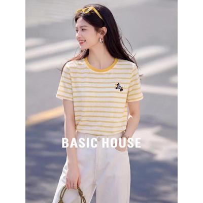 Базовая женская футболка Basic House в полоску с вышивкой, с коротким рукавом