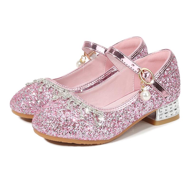 Princess Girls' Sequined High Heels - Soft, Non-Slip Leather Shoes for Spring and Autumn