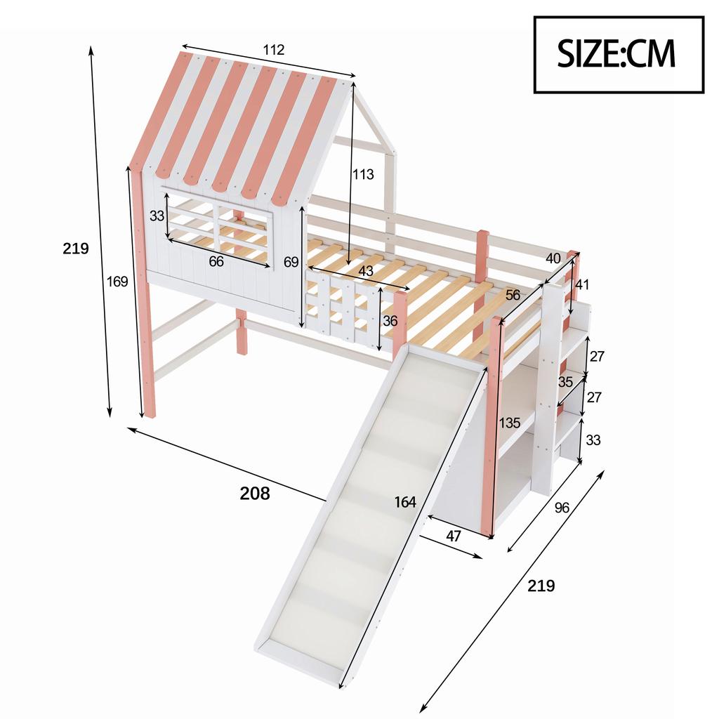 Children's Bed 90 x 200 cm Attic Design Safety Ladder Safety Slide, Multi-Level Storage Compartments Multifunctional Solid Wood Single Loft Bed Pink