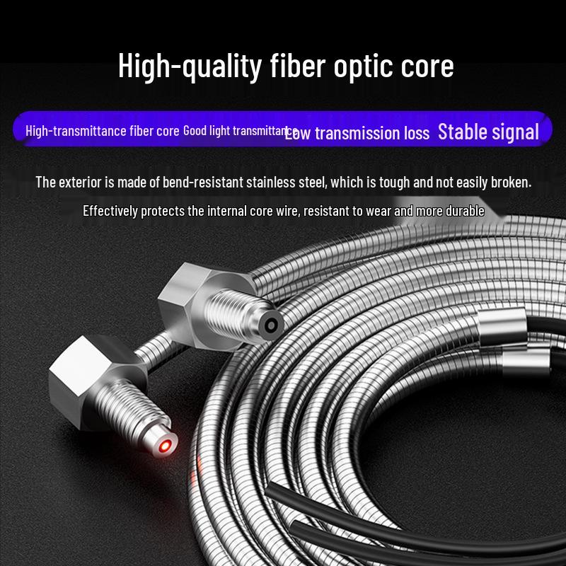 Metal Sheathed Fiber Optic Sensor Amplifier with Right Angle Elbow and Extended Reflective Through-Beam Cable