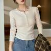 Waist-cinched Maillard Chic Button-covered Long Sleeve T-Shirt Feminine Pure Cotton Bottoming Shirt