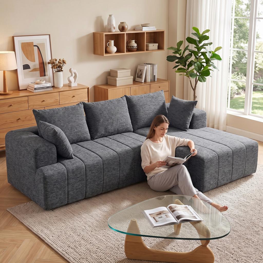 3-Seater Corner Sofa in L-Shape with Ottoman, Convertible Chenille Cloud Sofa Bed with Pocket Spring Upholstery, Gray