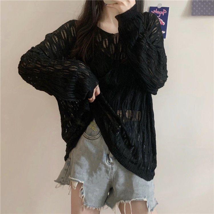 Солнцезащитный свитер с капюшоном в стиле ленивой зауженной посадки, свободный V-образный вырез, ажурный трикотажный свитер с длинными рукавами, летний свитер