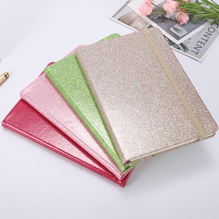 New Design Bright PU Leather Cover Notebook A5 Shine Line Pages Diary Flash Color Notebook with Elastic Strap for Stock