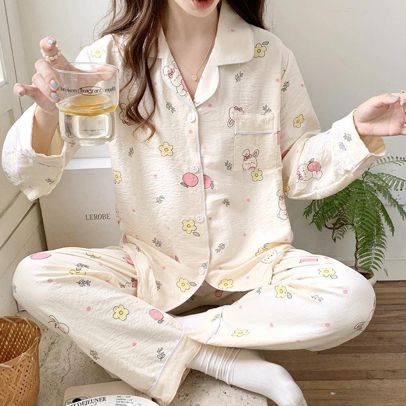 Пижамный комплект из хлопка «Облако» для женщин: Кардиган свободного кроя с длинным рукавом и милыми лацканами в студенческом стиле на весну и осень