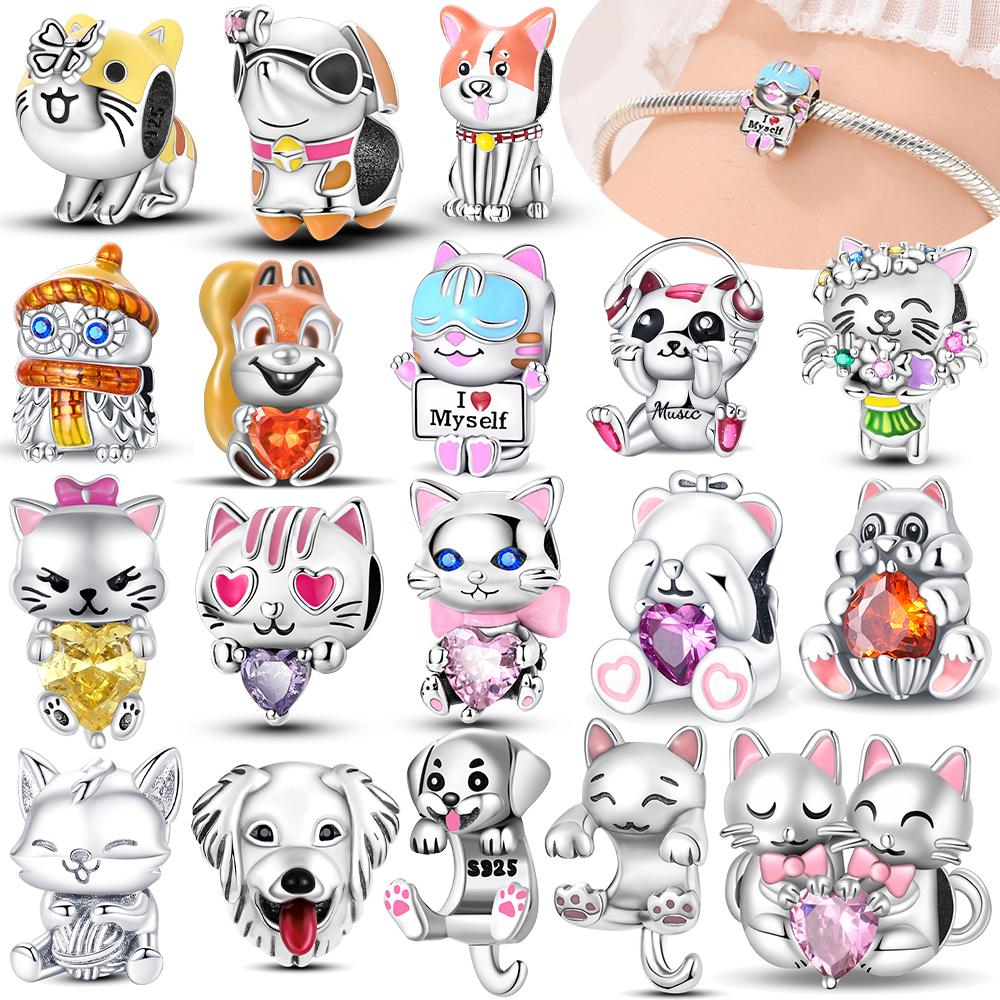 Оригинальный Медный Розовый Циркон Кошки Собаки Красное Сердце Белка Бусина Подходит Браслет Женские Украшения Сделай Сам Подарок на День Защиты Детей
