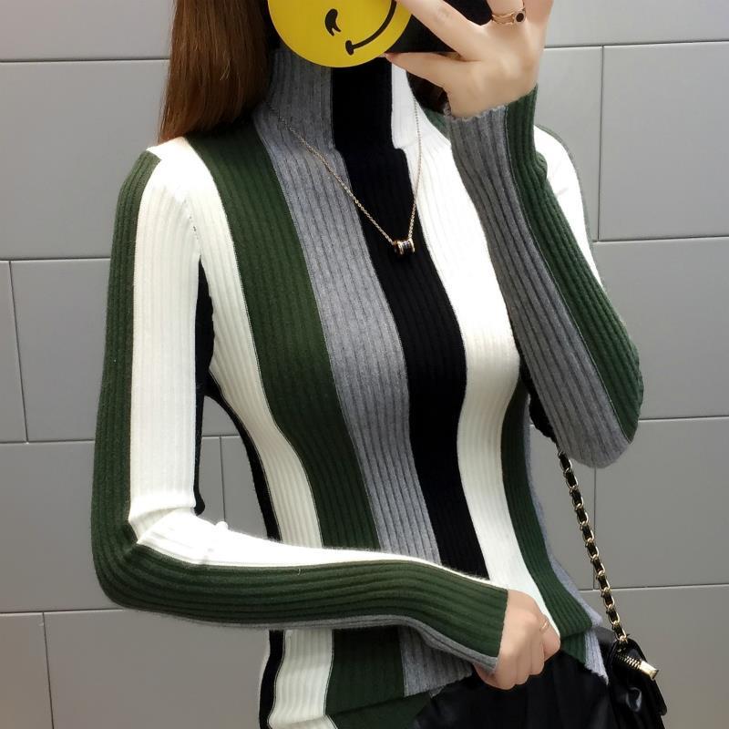 Striped Sweater Contrast Color Women Knit Pullovers Autumn Winter Long-sleeve Knitwear Ladies Turtleneck Sweater Casual Tops