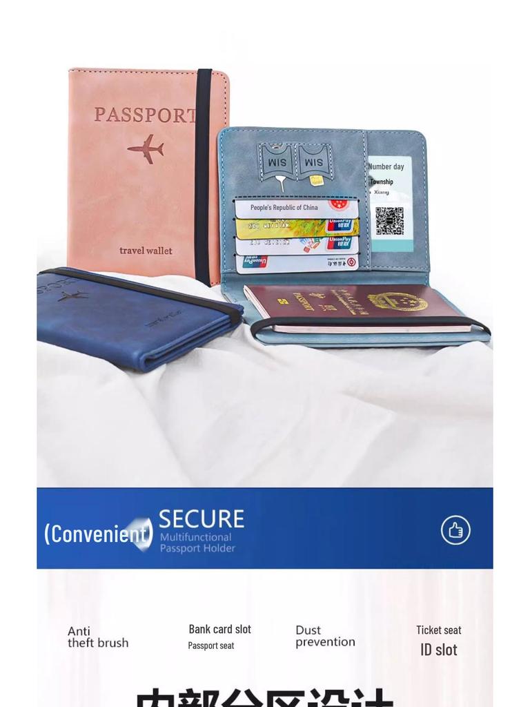 PU Leather RFID Passport Wallet Set with Strap, Card Holders, Ticket Sleeve, and SIM Slot