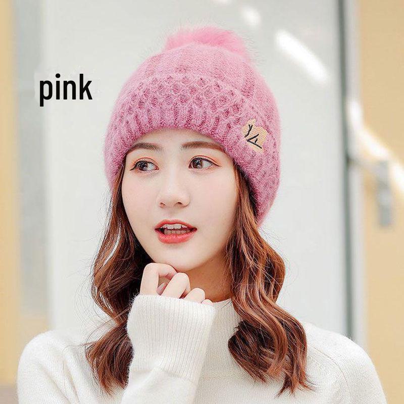 Korean Style Women's Winter Hat: Fashionable Rabbit Wool, Velvet-Lined, Warm Knitted Pullover.