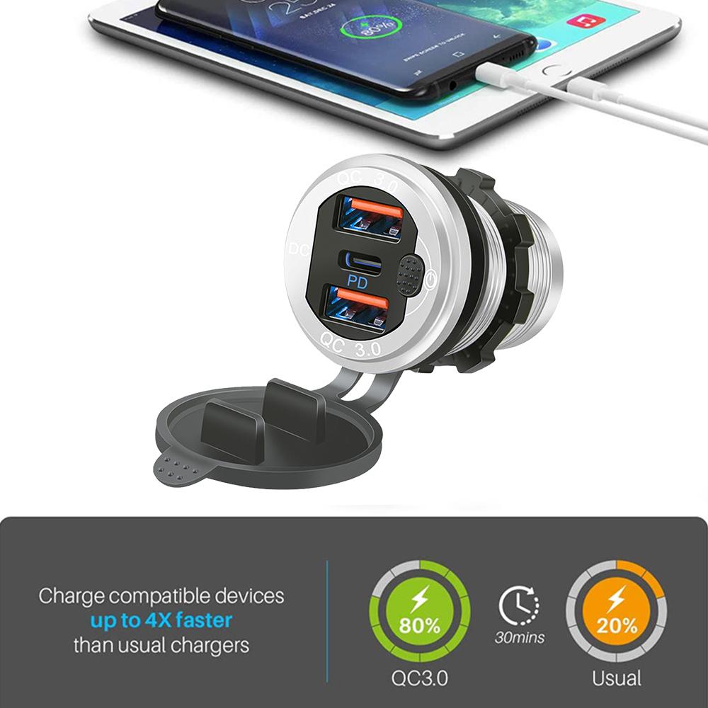 Автомобильное зарядное устройство USB C, 12 В-24 В, розетка 100 Вт, PD и два порта QC 3,0, адаптер для быстрой зарядки телефона с сенсорным переключателем для автомобиля, лодки, морского автофургона, мотоцикла
