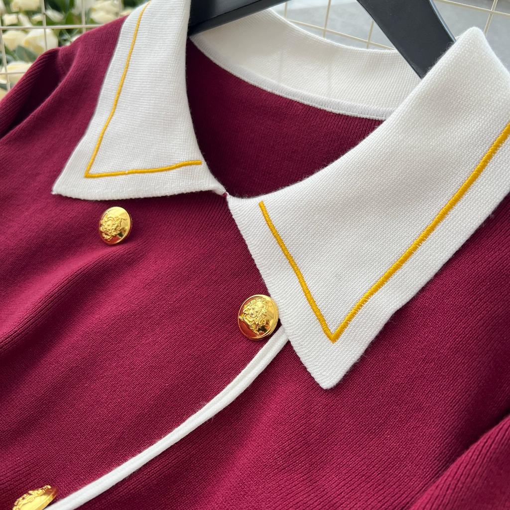 Autumn Winter Women Elegant Turn-down Collar Double Breasted Knitted Sweater Office Work Long Midi Dresses with Belt