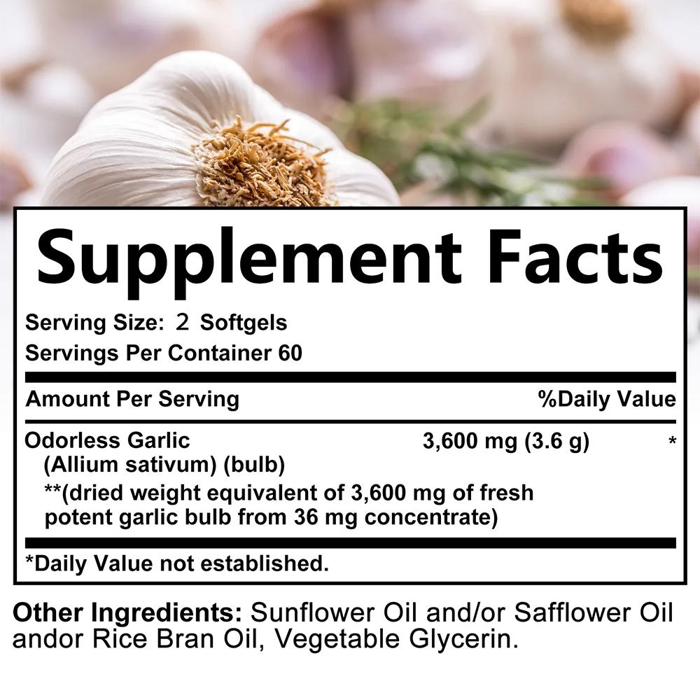 Odorless Garlic Softgels 3600mg Equivalent Per Serving,120 Softgels Non GMO Gluten Free Dietary Supplement
