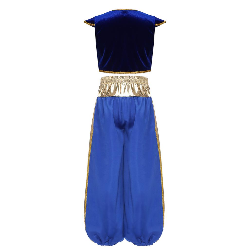 Boys Arabian Prince Costume Set Cap Sleeve Braided Vest Metallic Shiny Patchwork Contrast Color Bloom Pants