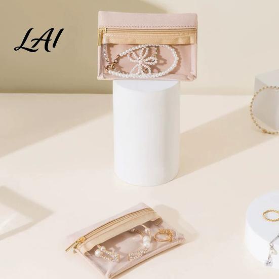 Small Jewelry Pouch Portable Storage Bag Flannel Organizer Case with Transparent Window And Lightweight Travel Smooth Zipper Compact Necklace Holder