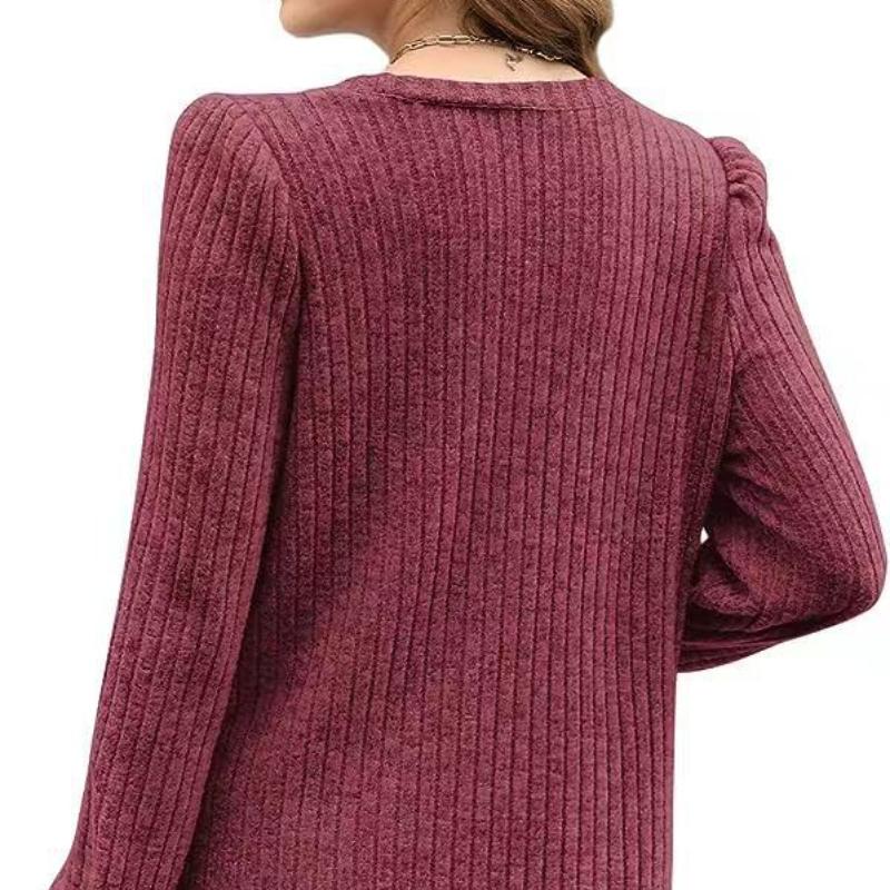 Elastic Winter Pocket Autumn Ribknit Top Solid Loose Casual Bubble Sleeve Tshirt For Women