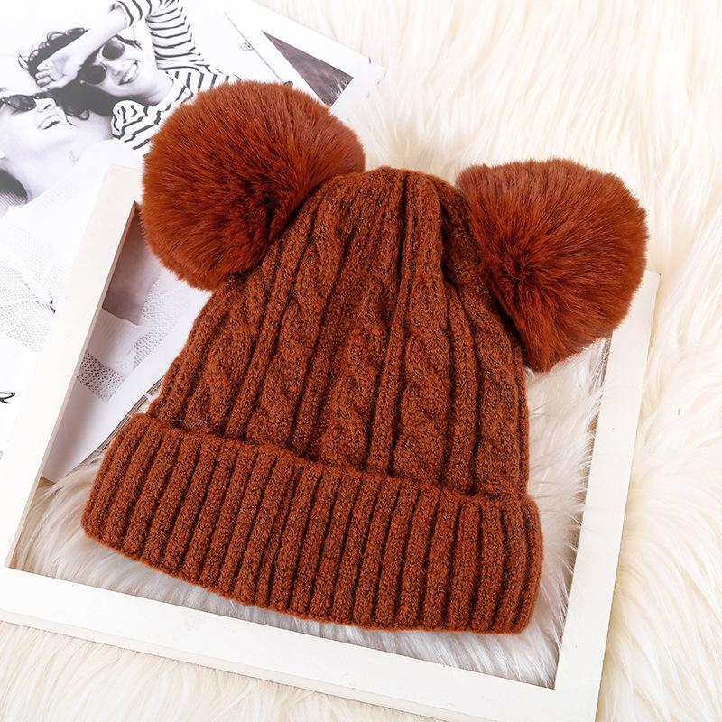 Hat Women's Winter Adult Plus Velvet Double Fur Ball Pullover Woolen Hat Korean Version Cute Cold Hat Personalized Warm Knitted Hat