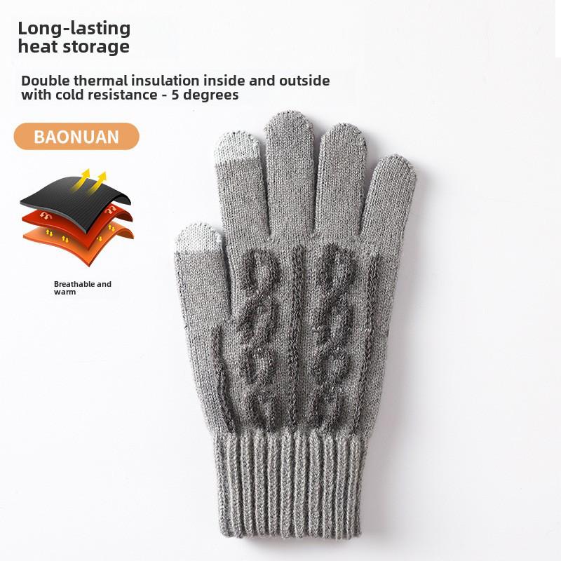 Мужские перчатки для сенсорных экранов из жаккардовой шерсти на осень и зиму — трикотажные, на бархатной подкладке, плотные и теплые, с отдельными пальцами.