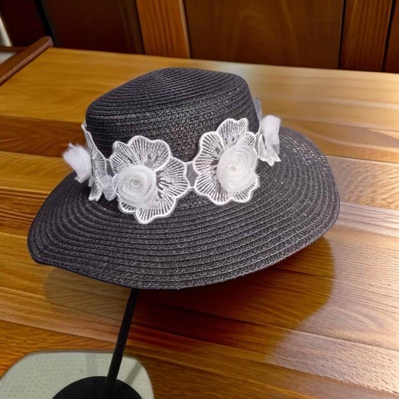Summer straw hat women's French bow pearl sunscreen visor casual trip seaside sun hat French style