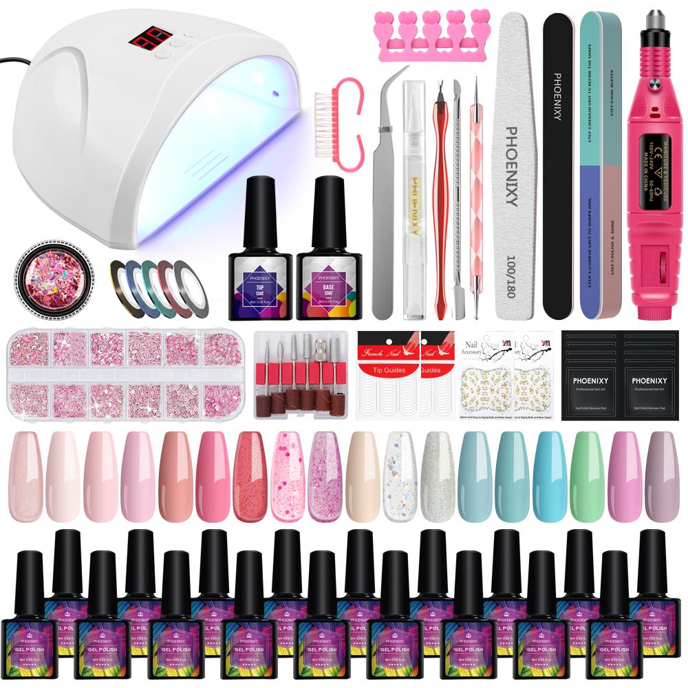 PHOENIXY Набор гелей для ногтей с сушкой ногтей Светодиодная УФ-лампа Сушилка для набора лака для ногтей Долговечная цветная полуперманентная основа для замачивания УФ-светодиодный набор для дизайна ногтей DIY