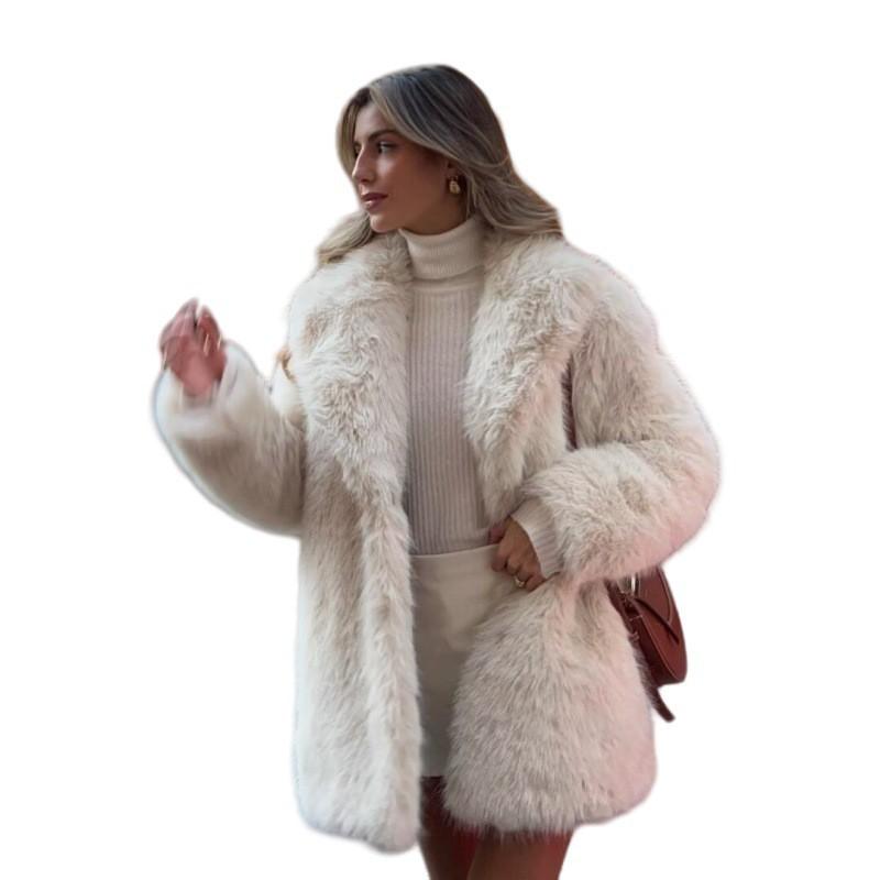 2025 Fall Womens Faux Fur Coat Mid-Length Blazer Collar Warm Outerwear
