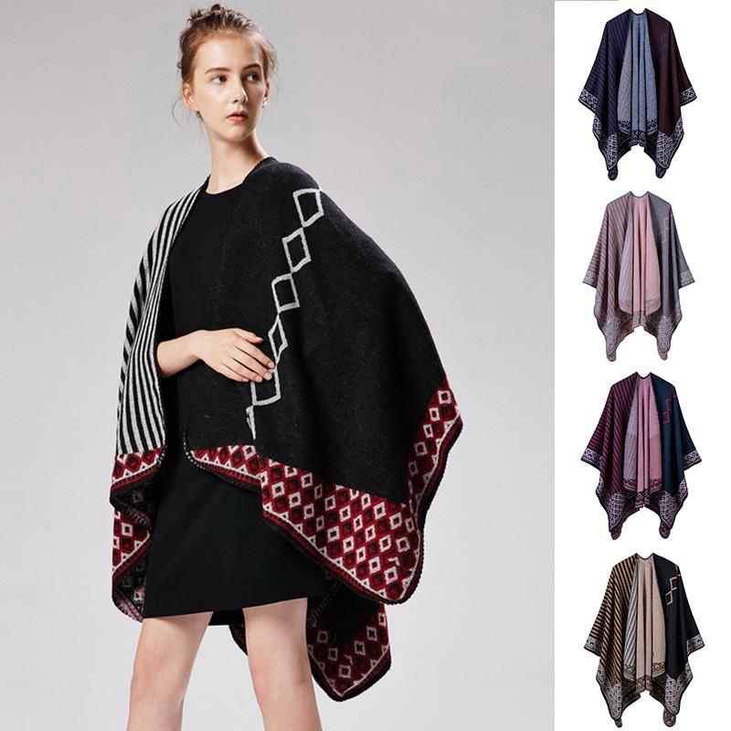 Women Poncho Scarf Cardigan Striped Vintage Warm Cape Shawl Long Scarves Pashmina Outwear