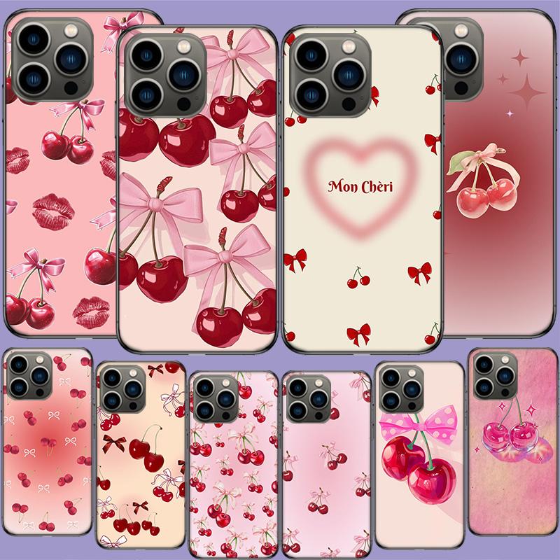 Чехол с вишневым бантом для iPhone 17 Air 15 Pro 14 Plus 16 Pro Max 17E 16E 12 13 Mini 11 Чехол Милый Fundas