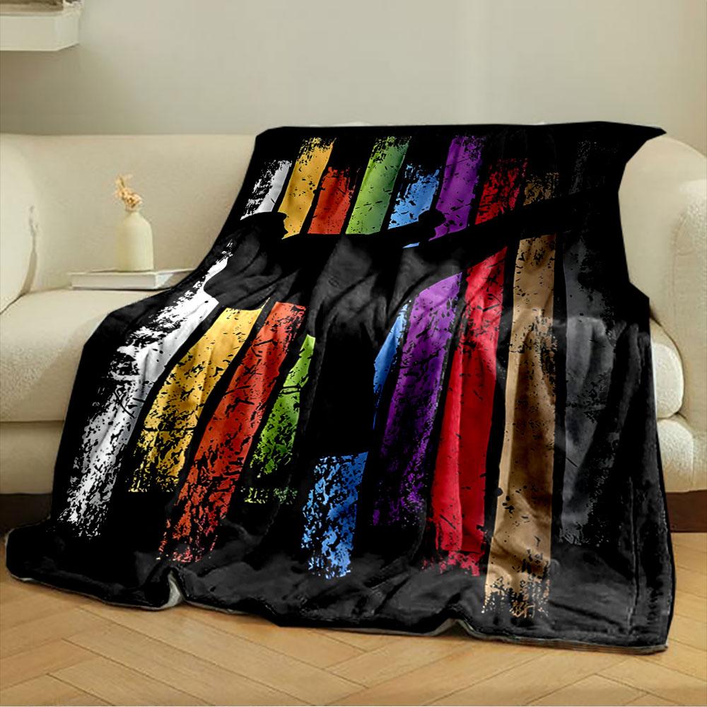 A karate silhouette overlaying vertical, grunge-style colored stripes. for all seasons blanket lunch break throw gift