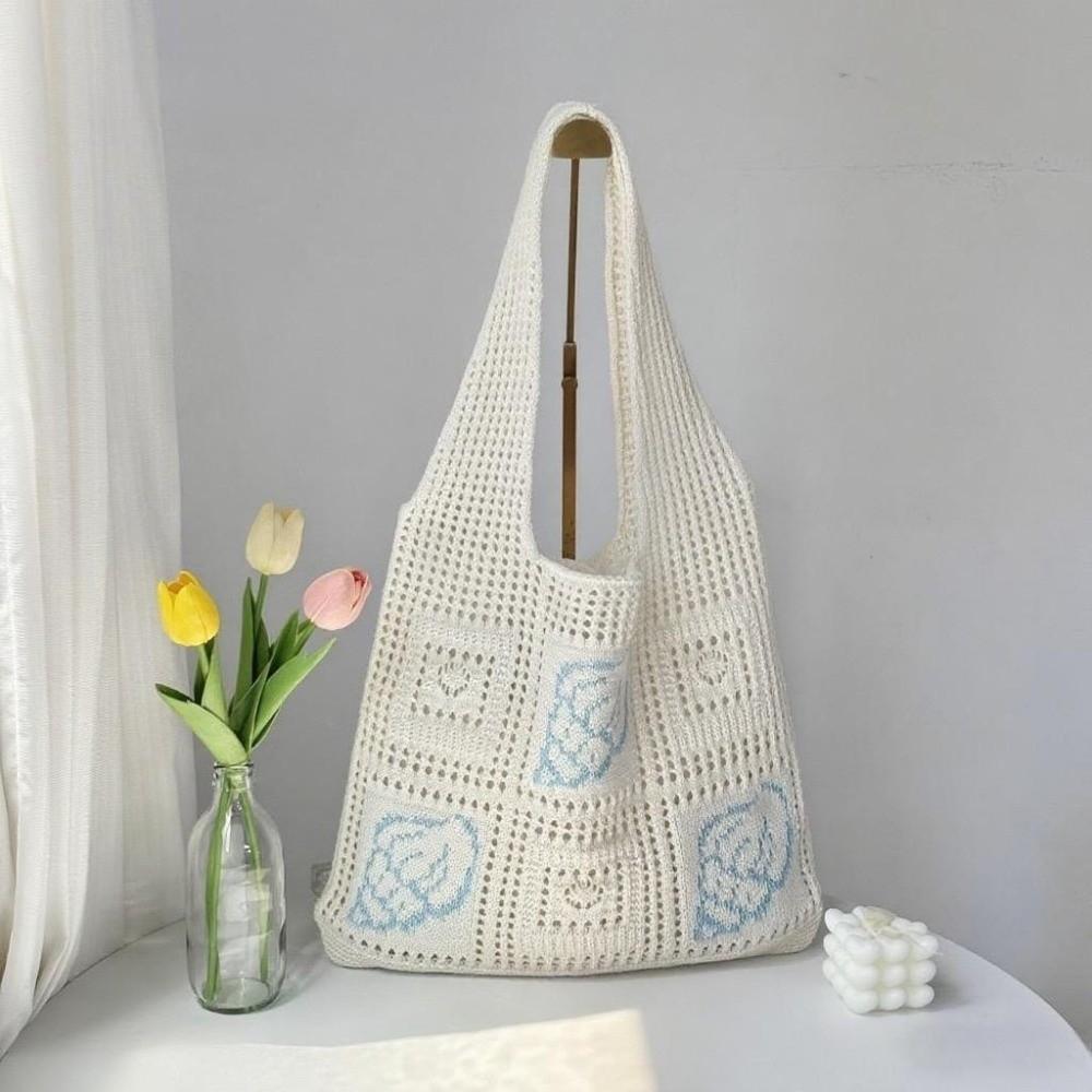 Large Capacity Crochet Tote Bag Solid Color Knitting Handbag Fashion Woven Shoulder Bag  Beach