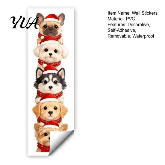 Christmas Theme Wall Decals Puppy Stickers, Removable Self-adhesive Dog for Walls Doors, PVC Stacked Puppies Holiday Party Door Stickers Art