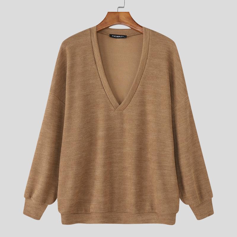 INCERUN Мужские трикотажные пуловеры с V-образным вырезом и длинным рукавом