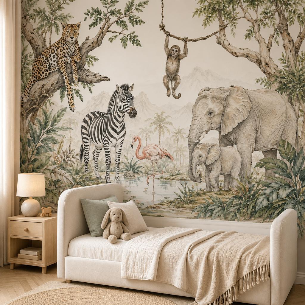 Safari Animal Wall Mural Wallpaper, Elephant Zebra Leopard Jungle Decor for Nursery Kids Bedroom, Paste Required