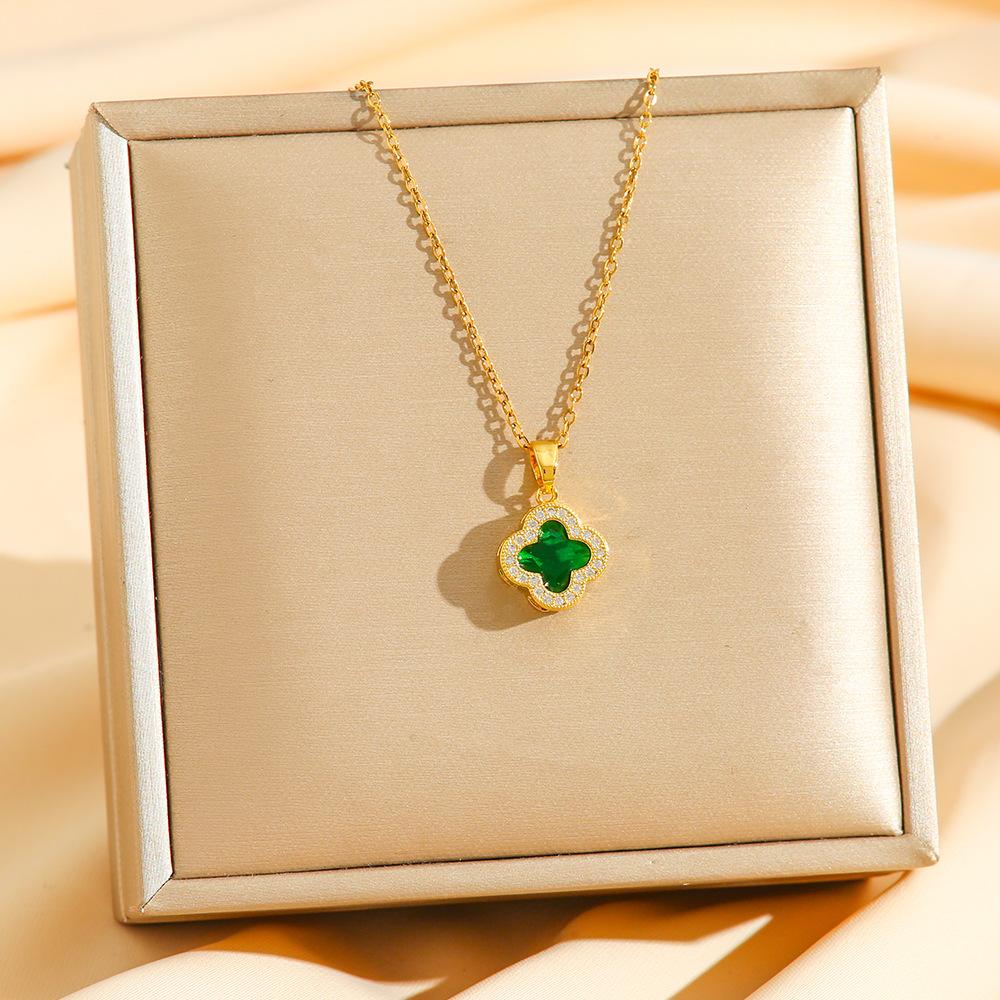 Multi-colored zircon four-leaf clover necklace, female personality fashion simple collarbone chain design sense